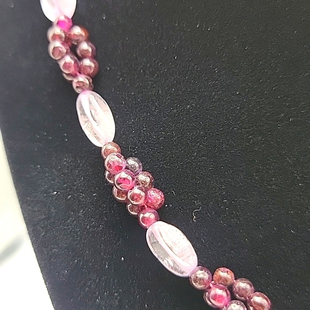 Red Garnet & White Clear Quartz 136 Cts Beaded Natural Gemstone 17" Necklace - Picture 6 of 8